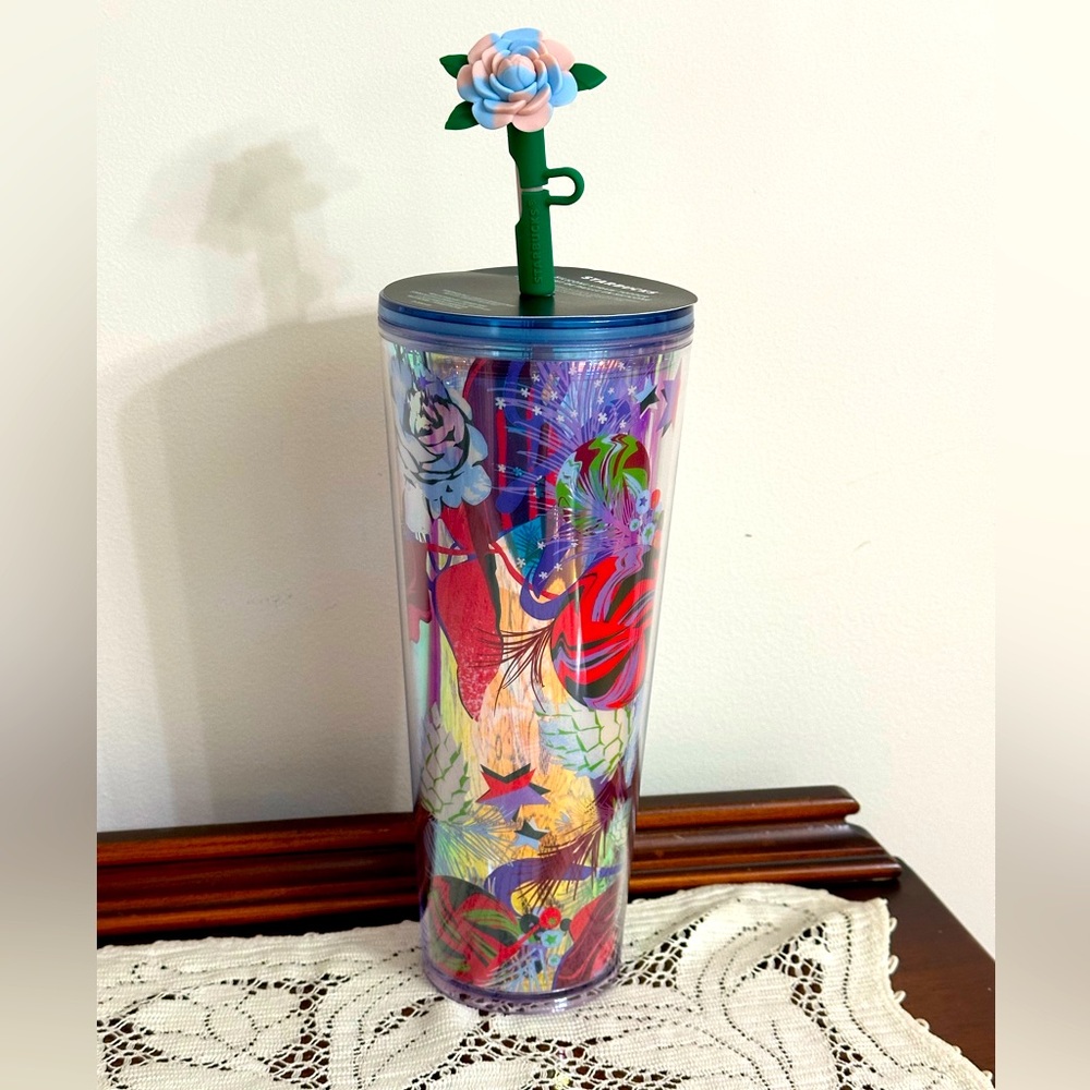 STARBUCKS Rose Straw Topper Christmas holiday 2023 cold cup tumbler 24 oz